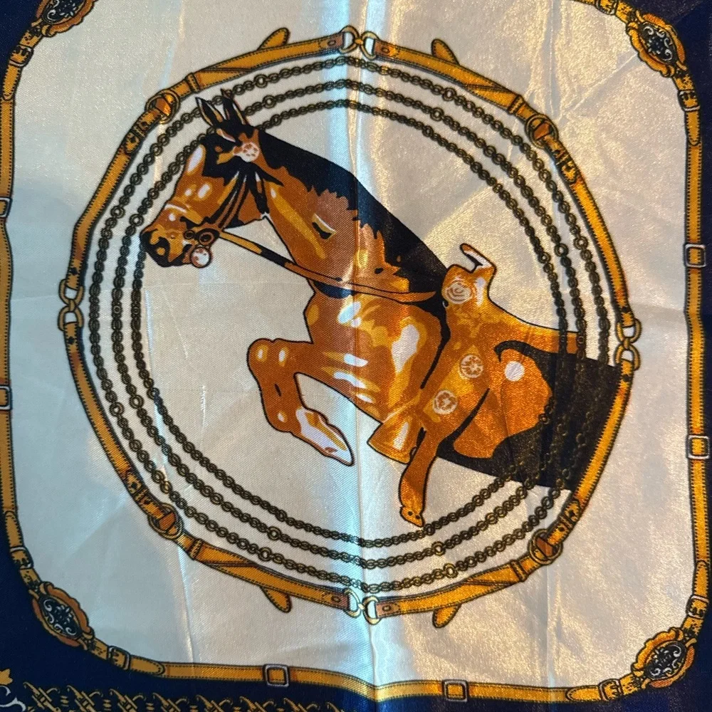 Equestrian Print Scarf in Navy & Gold